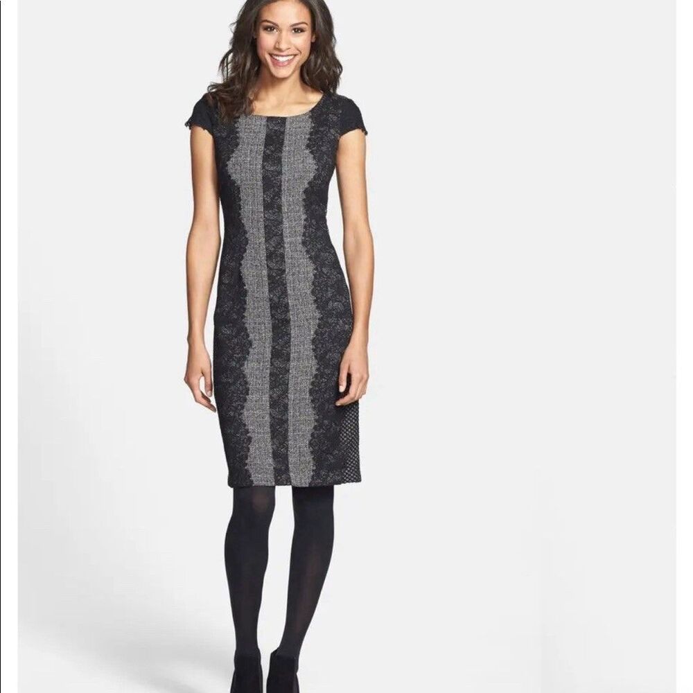 Betsey Johnson Size 12 Cap Sleeve Lace Sheath Dress Black Gray